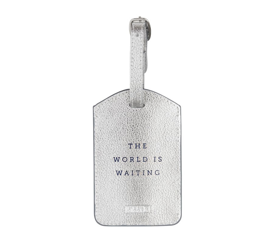 Leather Luggage Tag: World: Silver